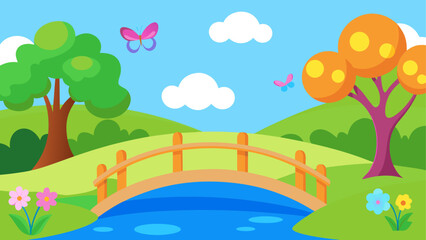 Whimsical spring landscape with bridge butterflies and flowers