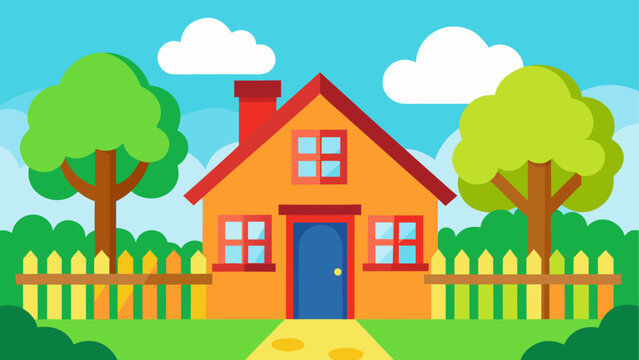Charming cartoon house with trees and fence under a blue sky