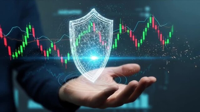 Cyber security shield hologram protecting financial data and market analytics