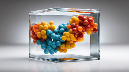 Hyperrealistic 3D model of a molecule floating inside a transparent glass cube, symbolizing science, chemistry, molecular research, technology, and futuristic laboratory visualization.