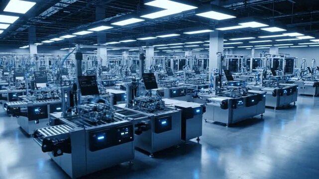 Automated production line with rows of machines in a modern factory