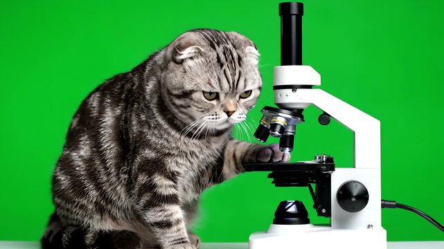 A smart and curious Scottish Fold cat uses a microscope for scientific research, isolated on a green screen