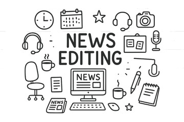 Newsroom Doodle Elements. News Editing. Hand-drawn doodle illustration of News Editing. computer monitor,