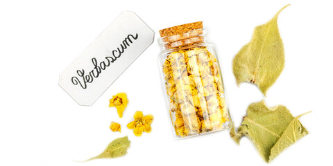 Verbascum thapsus dried flowers isolated on white background. Herbal plant for alternative medicine