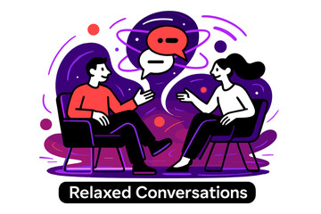 Glowing Lounge Vibes. Small talk. Abstract glowing lounge with floating orbiting conversation bubbles, neon
