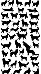 Obraz premium Many silhouettes of various canines are densely arranged against a white background. The simple designs are varied in pose and posture