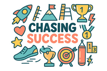 Fototapeta premium Chasing Success Symbols. Chasing Success. Hand-drawn doodle illustration of Chasing Success. rocket, mountain,