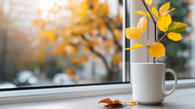 Cozy urban coffee shop featuring autumn window display and inviting warm interior lighting