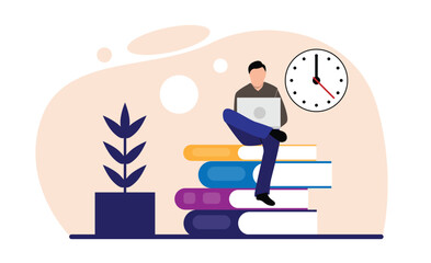 Man with Laptop Sitting and Working on a Stack of Books. Education and learning, work at the university or school vector art