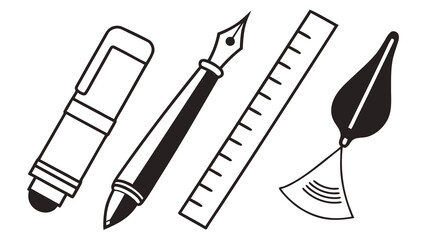 Vector art of stationery set featuring a marker, fountain pen, ruler, and quill, perfect for illustrating writing, drawing, or office supplies in a minimalist style