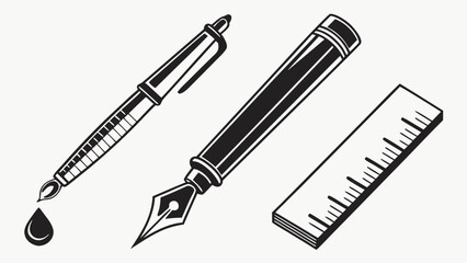 Vector art of classic stationery set featuring a ballpoint pen, fountain pen, and ruler, perfect for illustrating writing, drawing, or office supplies in a vintage style