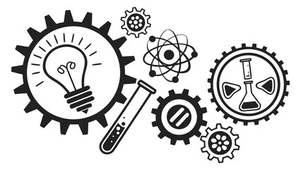 Vector art of illustration showcasing science and engineering concepts, featuring gears, a light bulb, an atom, a test tube, and flasks, ideal for educational or scientific themes