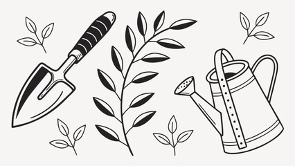 Illustration of a trowel, branch, and watering can, symbolizing gardening, nature, and plant care, perfect for botanical and environmental designs