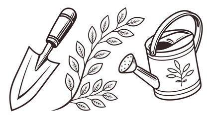 Illustration of gardening tools, including a trowel, a leafy branch, and a watering can, perfect for illustrating gardening, nature, and plant care