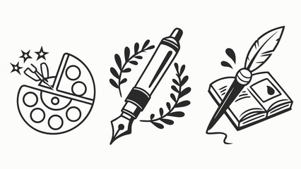 Vector art of illustration set showcasing creative professions painting with palette, writing with fountain pen and laurel wreath, literature with quill and open book