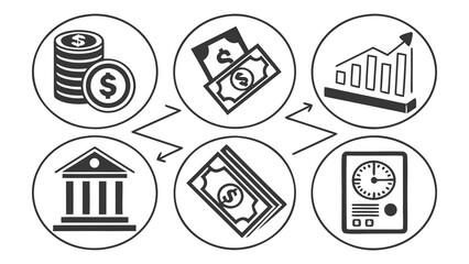 Vector art of set of financial flow icons includes coins, cash, bank, chart, and timer perfect for financial designs and projects, offering a clean and modern look
