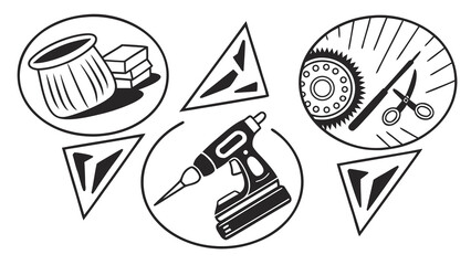Vector art of illustration set showcasing manual professions pottery, masonry, carpentry, metalworking, and tailoring, each represented by relevant tools