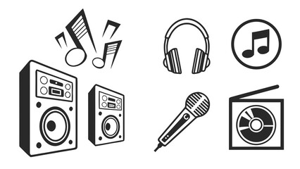 Vector art of set of music icons includes speakers, music notes, headphones, microphone, and cd player perfect for musicrelated designs and projects, offering a clean and modern look