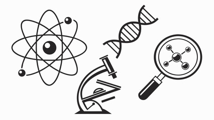 Vector art of illustration depicting scientific elements such as an atom, dna, microscope, and molecule under a magnifying glass