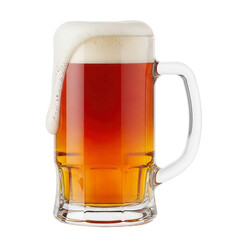 A classic glass beer mug filled with amber ale and a frothy head.