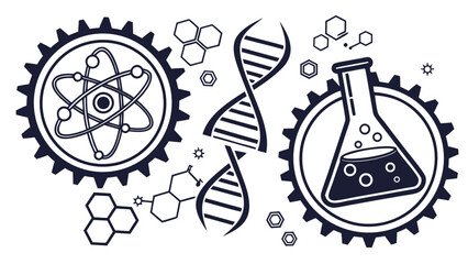 Vector art of illustration showcasing science and technology elements, including an atom model, dna strand, chemical structures, and a flask within a gear