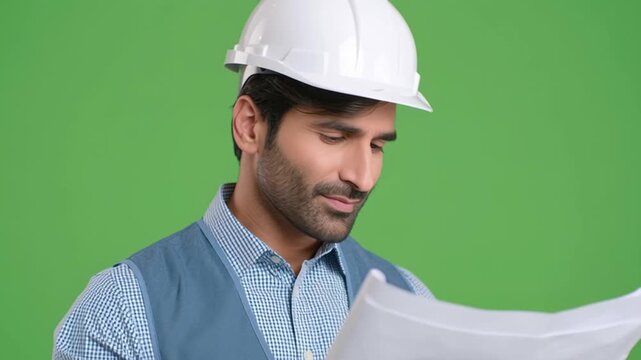 Architectural blueprint analysis: A focused architect, clad in a safety helmet, engrossed in reviewing the blueprints against a backdrop of vibrant greenery, embodies dedication and precision.