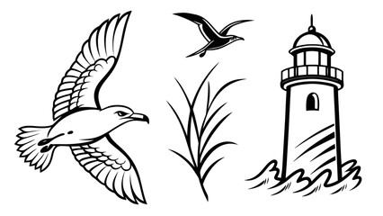 Vector art of a captivating monochrome illustration showcases a lighthouse standing tall amidst crashing waves, accompanied by graceful seagulls soaring through the sky and delicate reeds