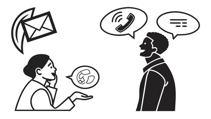 Vector art of illustration showing two people communicating through various channels, including email, phone call, and speech bubble, representing communication and connection