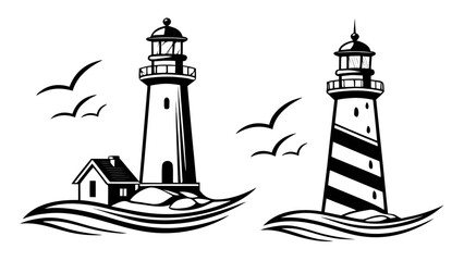 Vector art of a captivating monochrome illustration showcases two lighthouses standing tall amidst crashing waves, accompanied by graceful seagulls soaring through the sky