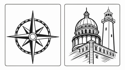 Vector art of a striking monochrome illustration features a compass rose, symbolizing direction and exploration, alongside a grand lighthouse building, representing guidance and safety