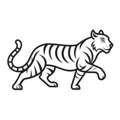 Obraz premium Stylized walking tiger outline. Black and white vector illustration for a mascot or logo.