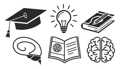 Vector art of illustration set of education and science icons graduation cap, light bulb, book, brain, shell, open book with globe back to school concept