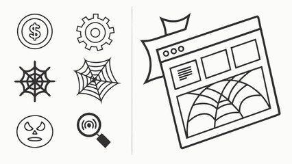 Vector art of a collection of vector icons, featuring symbols for money, settings, spider webs, and a magnifying glass, alongside a web browser interface with a spider web design