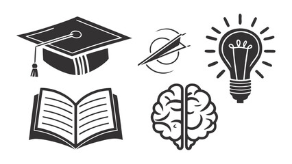 Vector art of illustration set of education and science icons graduation cap, paper plane, light bulb, book, brain back to school concept and knowledge