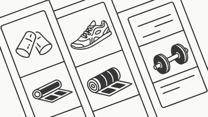 Vector art of illustration set of fitness and gym icons bandage, sneaker, dumbbell, yoga mat healthy lifestyle and sport concept exercise equipment