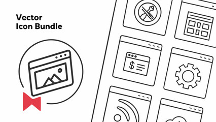 Vector art of a vector icon bundle, featuring various web browser interfaces with symbols for images, money, settings, rss feeds, and cloud computing, all in a clean, minimalist design