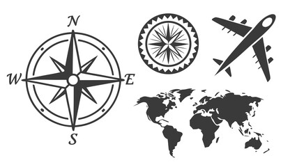 Vector art of set of travel icons featuring a compass, wind rose, airplane, and world map, representing exploration, navigation, and adventure for design and creative projects