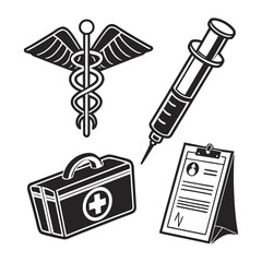 Vector art of collection of medical related icons caduceus, syringe, first aid kit, and clipboard perfect for healthcare, medicine, or emergency services projects