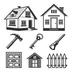 Vector art of collection of house related icons houses, hammer, key, screwdriver, door, small house and fence perfect for real estate, construction, or home improvement projects