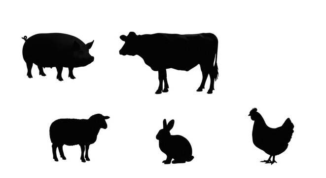 Matte black silhouettes of pig, cow, sheep, rabbit, chicken, iconic forms on a transparent background with copy space, modern graphic design Concept of agriculture and minimalism.