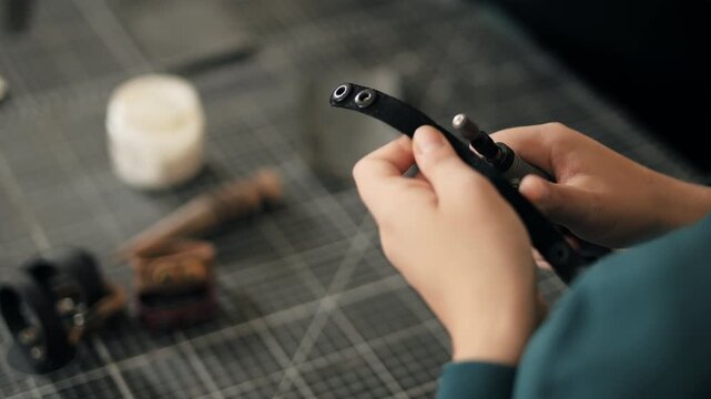 Craftswoman assembling leather strap with metal rivets in workshop