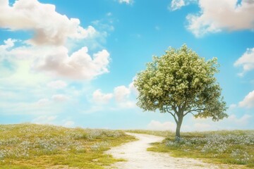 Fototapeta premium Path leading through a grassy field with a single tree under a bright blue sky