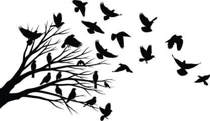 Silhouette tree with birds flying, nature freedom concept, black white contrast, wildlife motion, peaceful landscape, minimalist art, migration scene