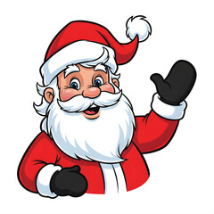 A cheerful cartoon illustration of Santa Claus waving hello with a friendly expression.