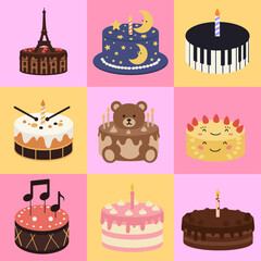 set illustration vector graphic of birthday cakes with various themes