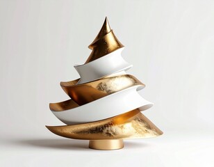 Minimalist metallic Christmas tree design on white background, modern holiday decor concept