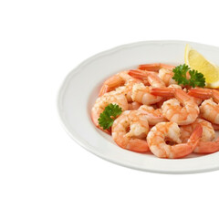 Perfectly Cooked and Seasoned Shrimp with a Bright Lemon Wedge and Fresh Parsley on a White Plate.