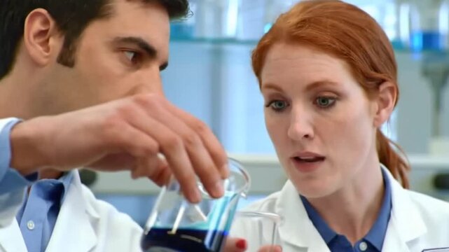 Medical Research Scientists Discuss Experiments in Laboratory &ndash; Male and Female Researchers with Test Tubes and Beakers