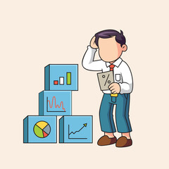 Confused Businessman Analyzing Charts with Data Blocks Illustration