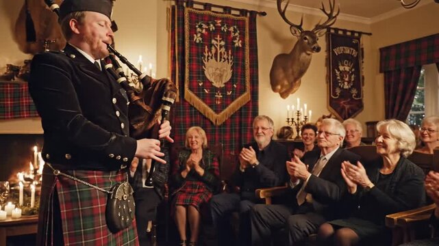 Bagpiper Playing for Audience in Festive Room